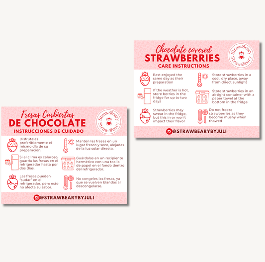Chocolated Covered Strawberries Care Instructions Cards